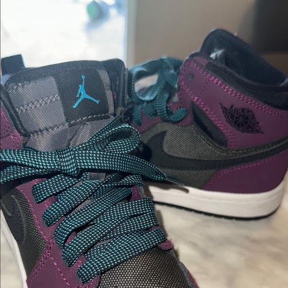 Jordan Ones Kids High-Top Sneakers - Purple and Black Size 12 Little Kid Size - Picture 2 of 5